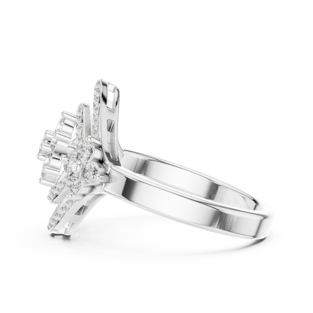 Floral cluster navette halo ring white gold angle view