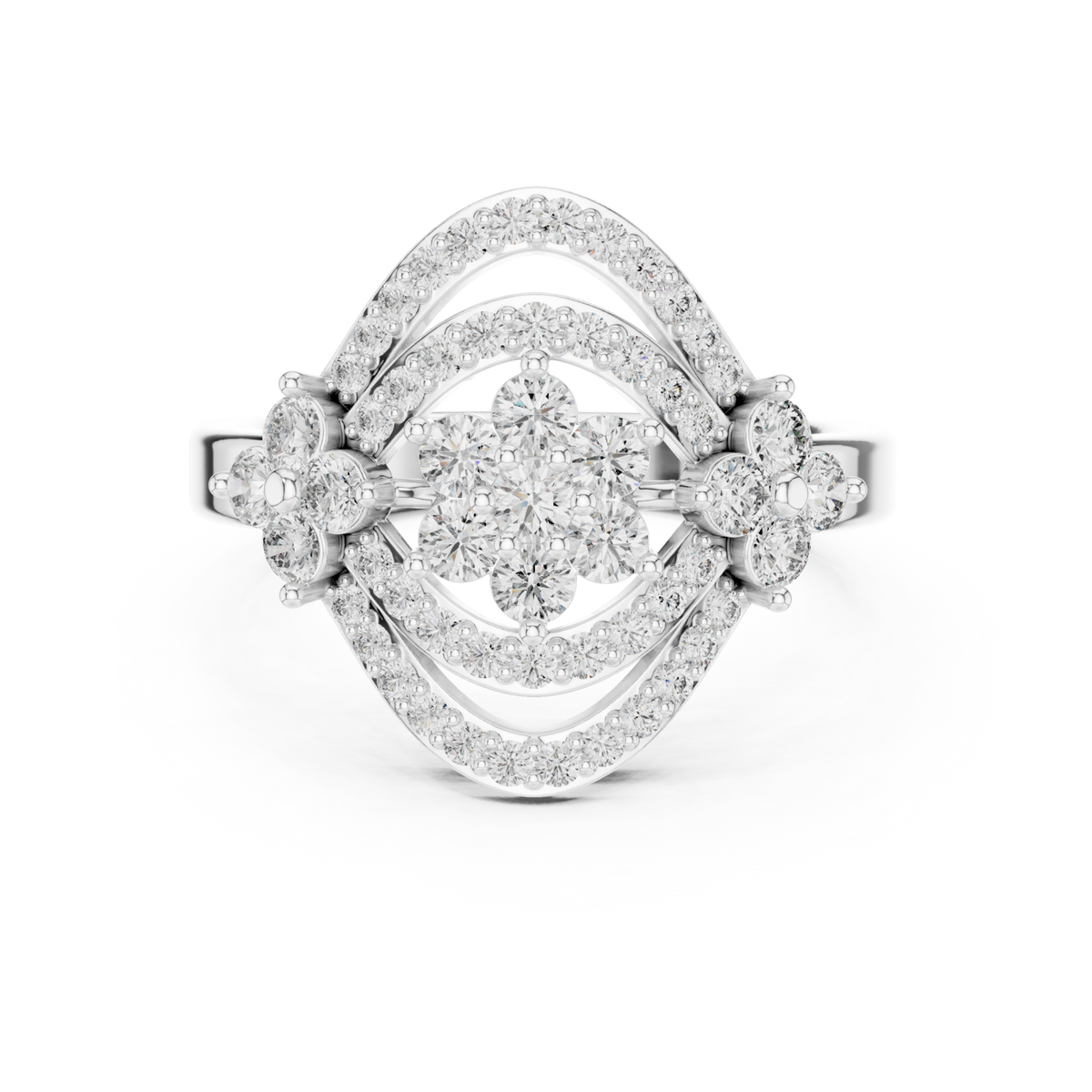 Floral cluster navette halo ring white gold detail view
