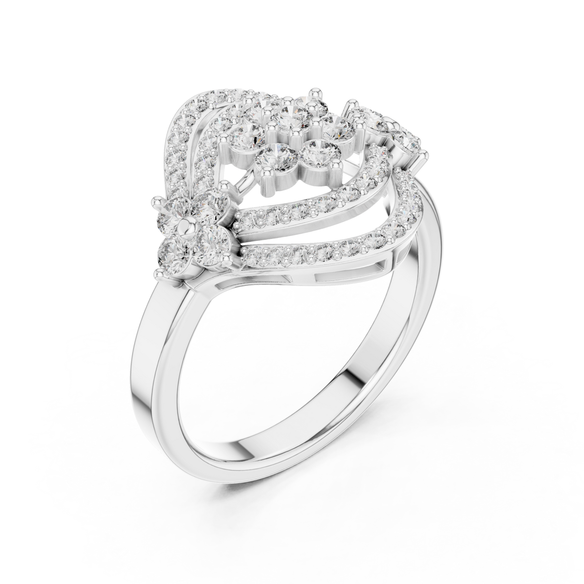 Floral cluster navette halo ring white gold front view