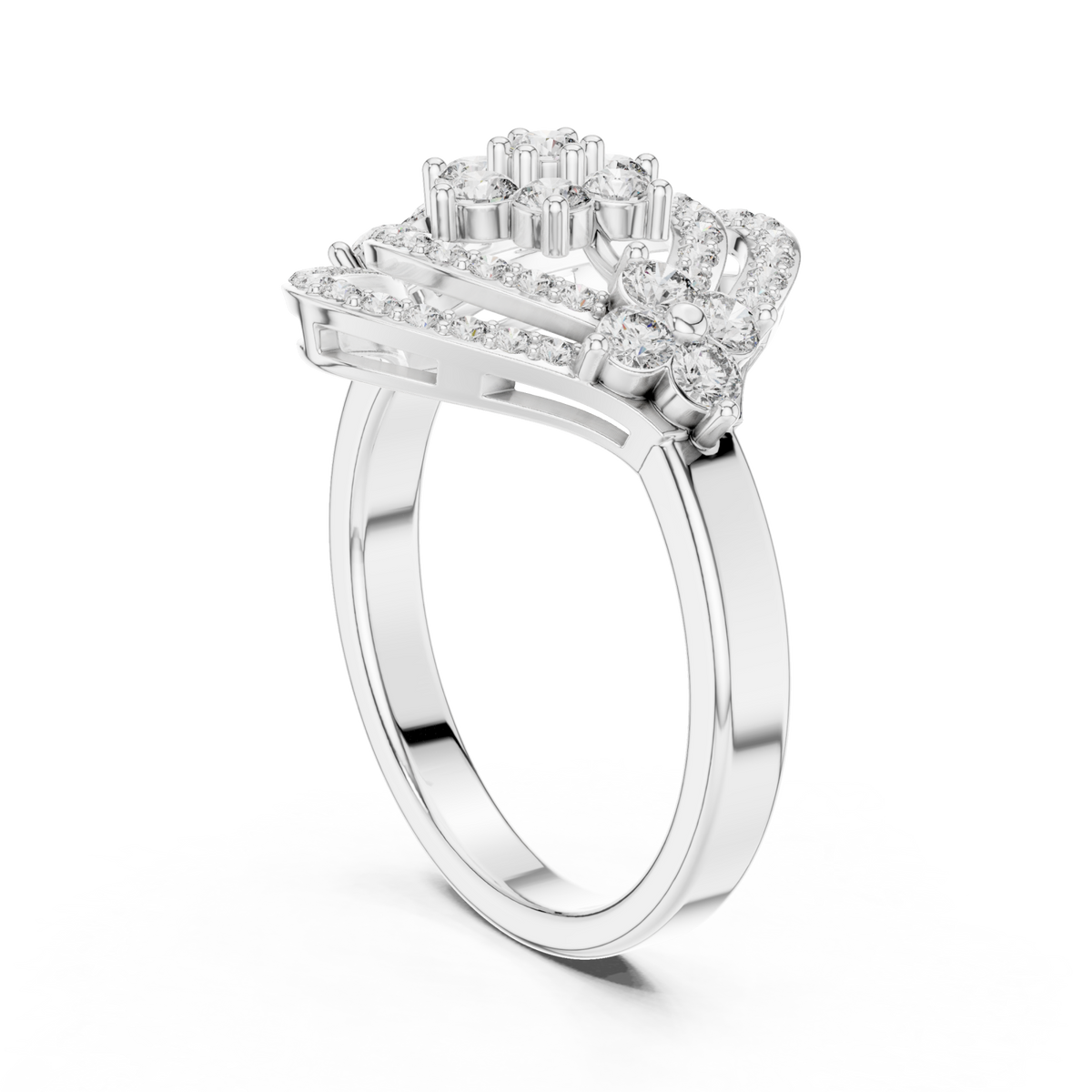 Floral cluster navette halo ring white gold side view