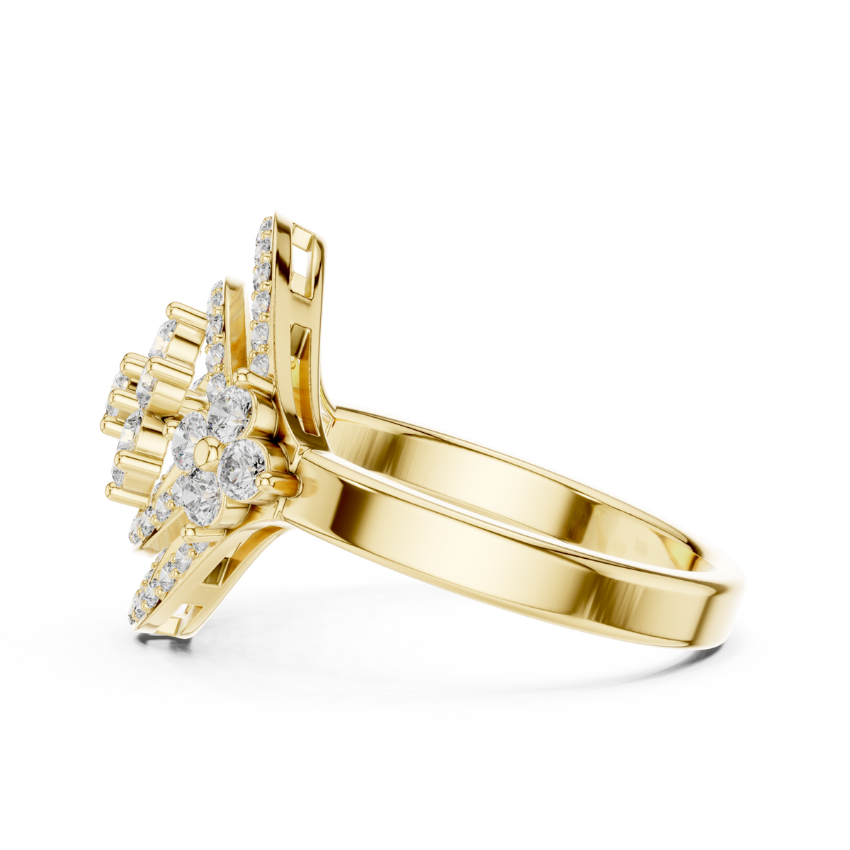Floral cluster navette halo ring yellow gold angle view