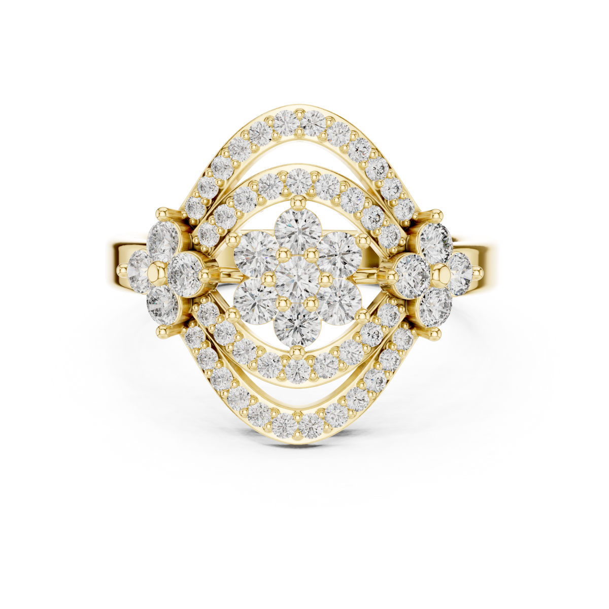 Floral cluster navette halo ring yellow gold detail view