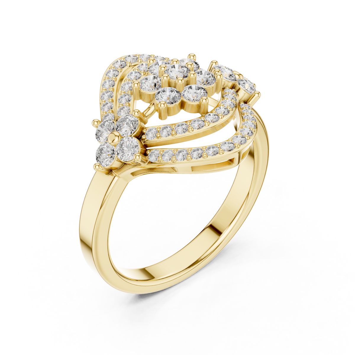 Floral cluster navette halo ring yellow gold front view