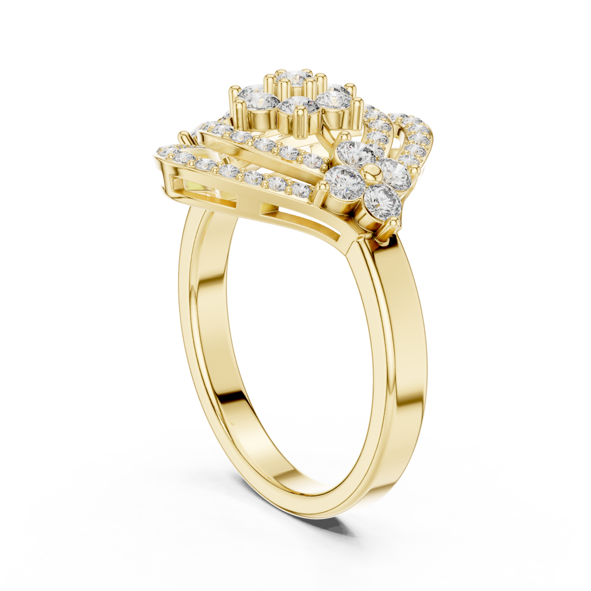 Floral cluster navette halo ring yellow gold side view