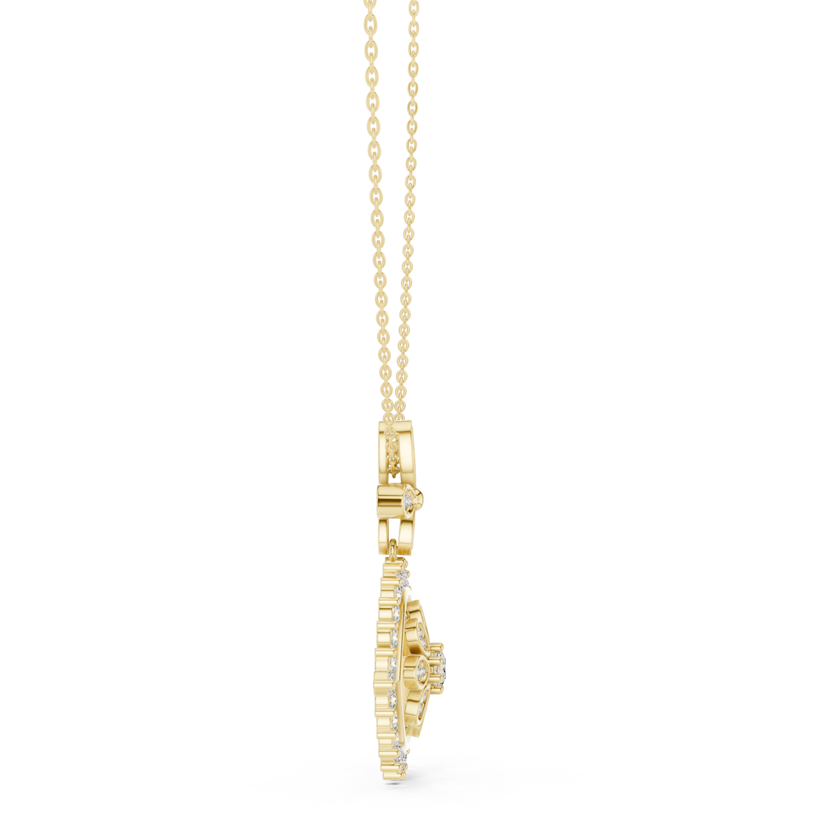 Floral evil eye pendant yellow gold side view