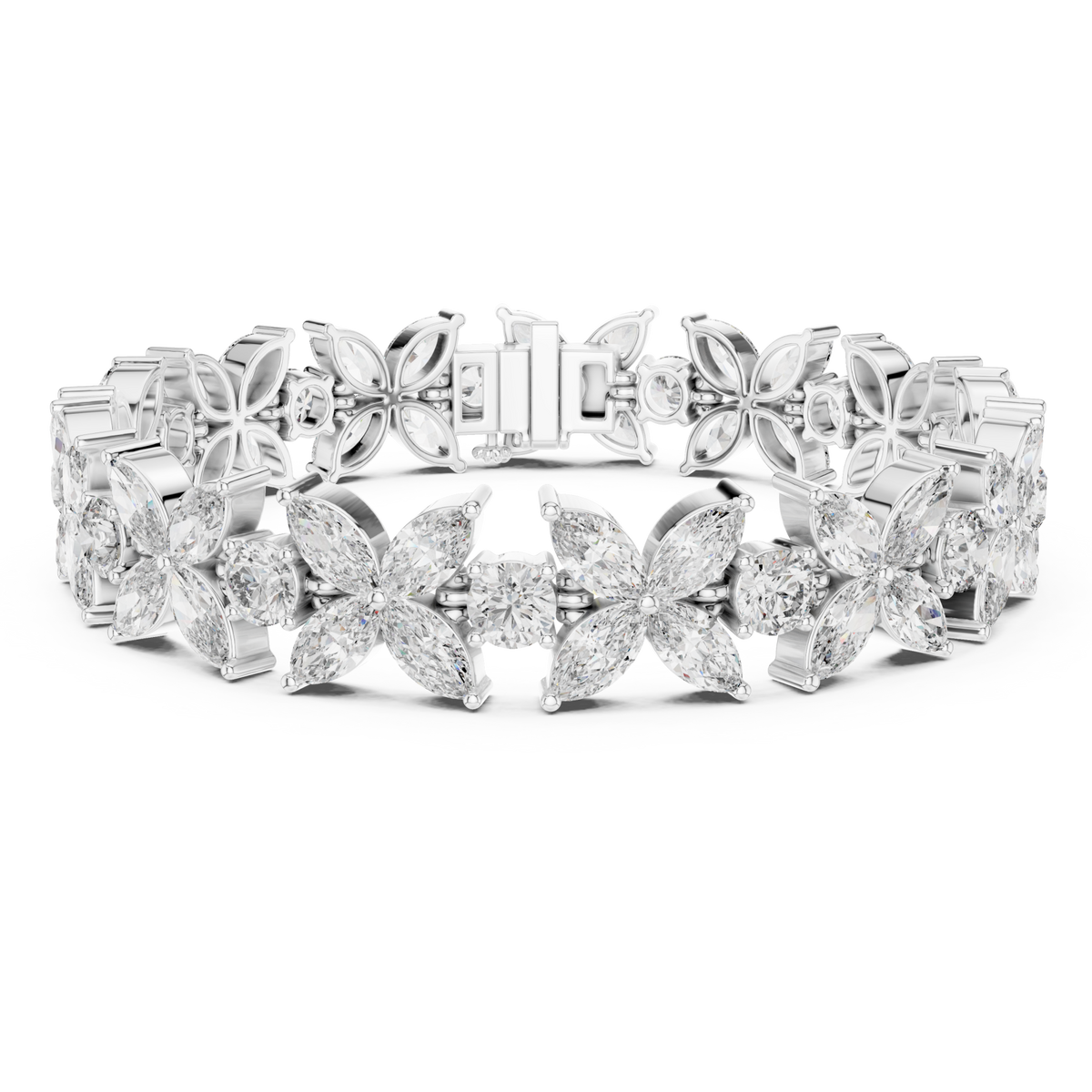  White Gold Floral Marquise Cluster Tennis Bracelet Detail View