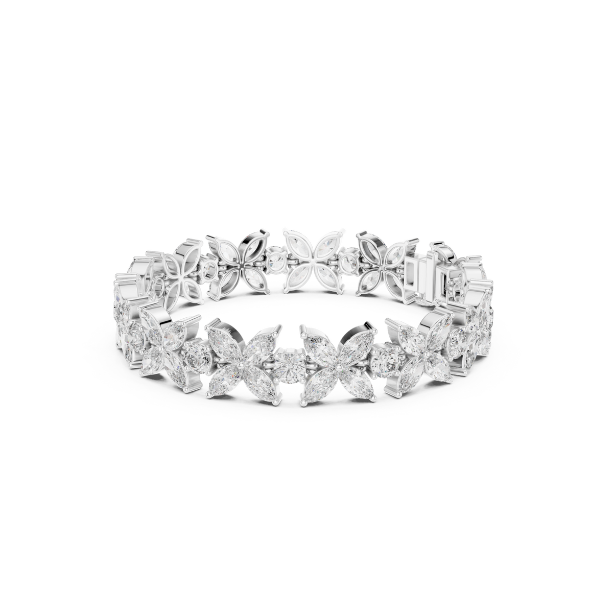  White Gold Floral Marquise Cluster Tennis Bracelet Front View