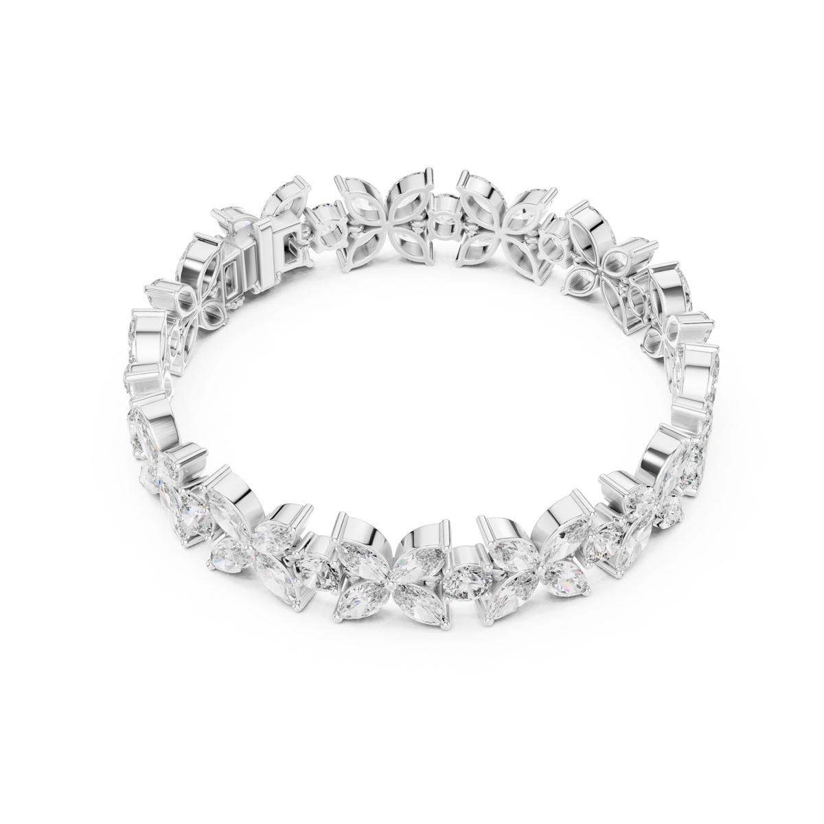  White Gold Floral Marquise Cluster Tennis Bracelet Side View