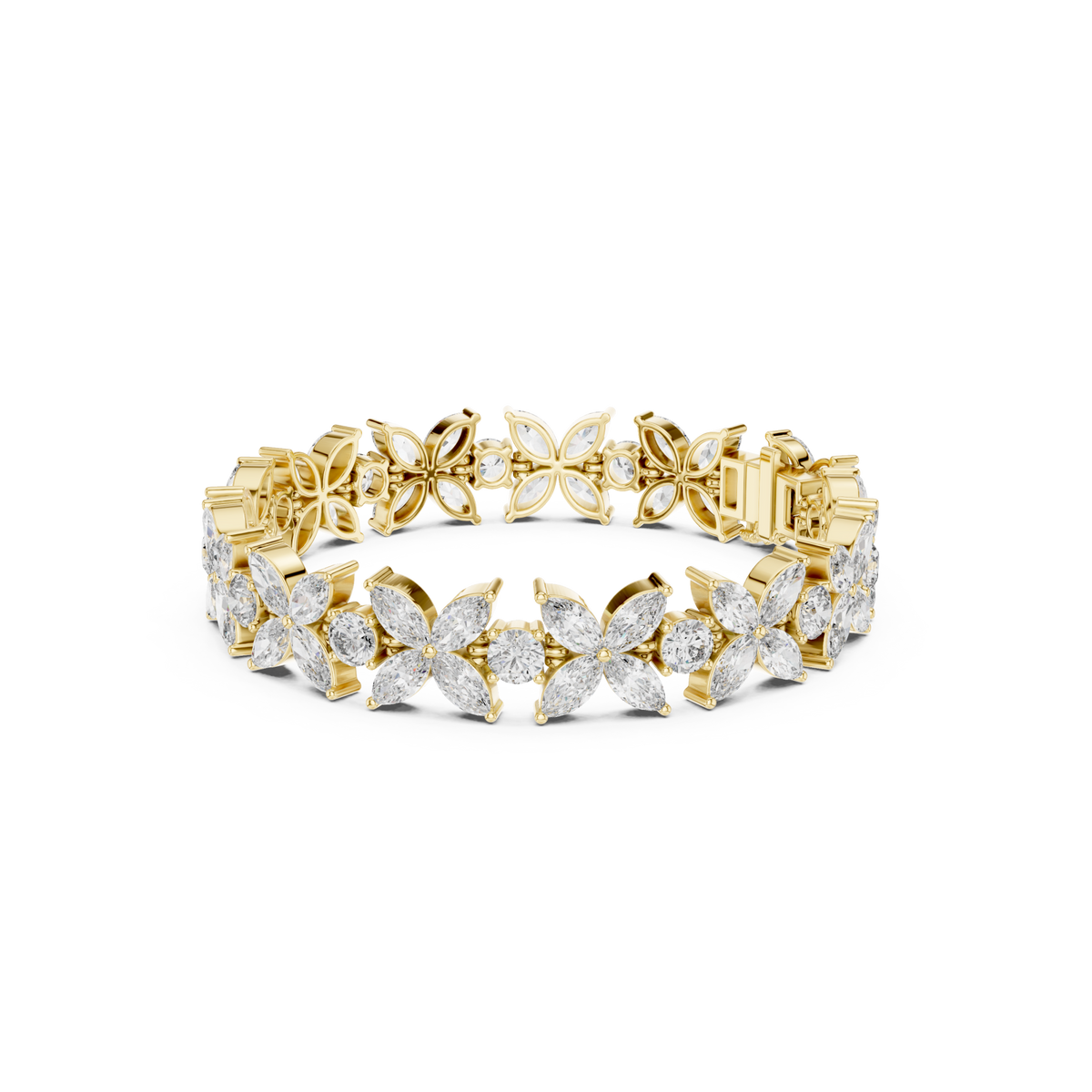Gold Floral Marquise Cluster Tennis Bracelet Front View