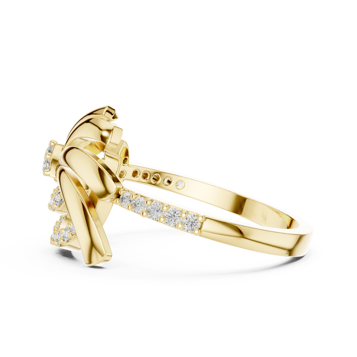 Floral pinwheel pave ring yellow gold angle view