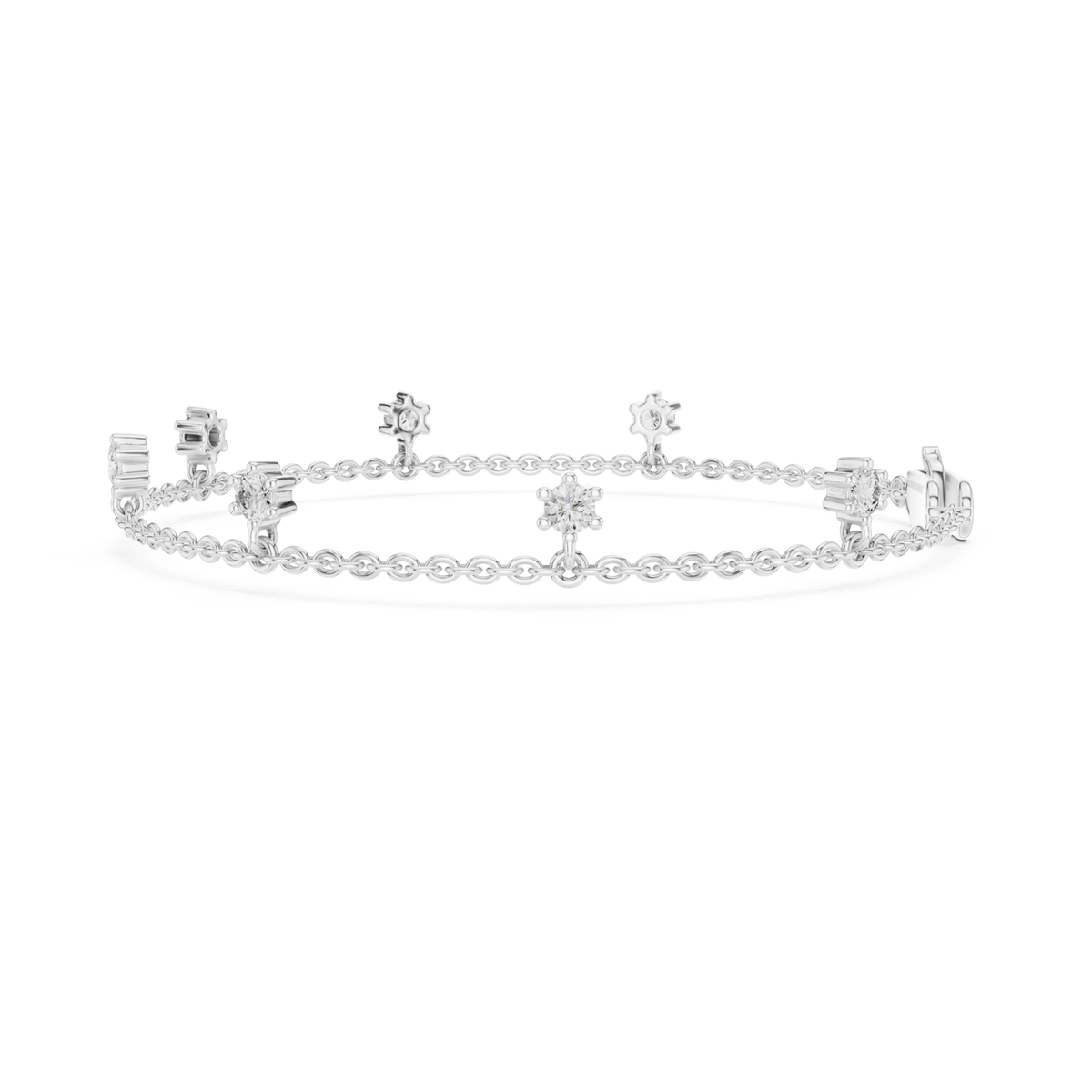  White Gold Flower Station Chain Bracelet Angle View