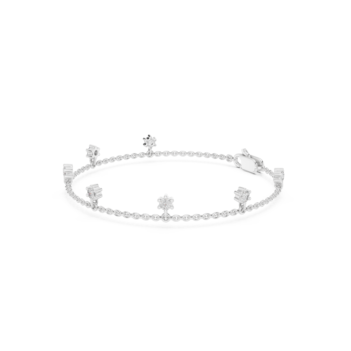  White Gold Flower Station Chain Bracelet Front View
