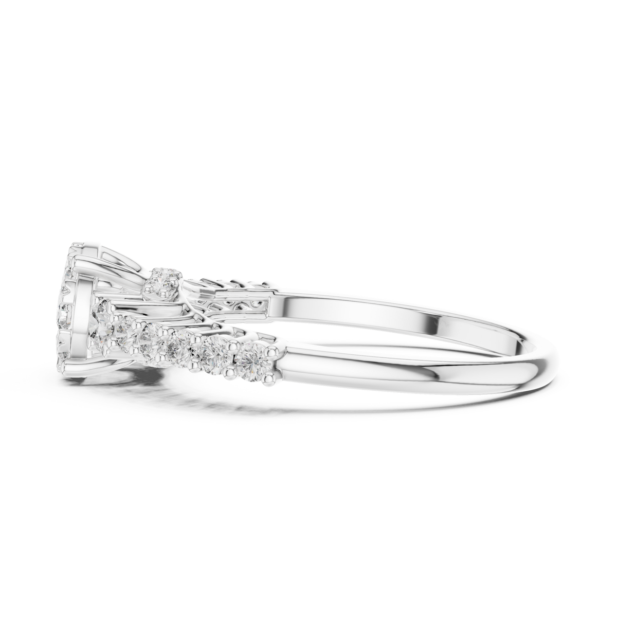 Graduated diamond cluster crown ring white gold angle view