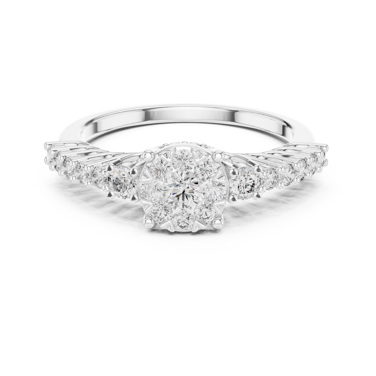 Graduated diamond cluster crown ring white gold detail view