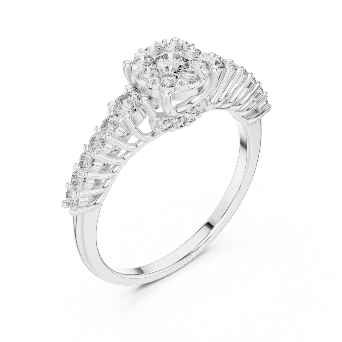 Graduated diamond cluster crown ring white gold front view