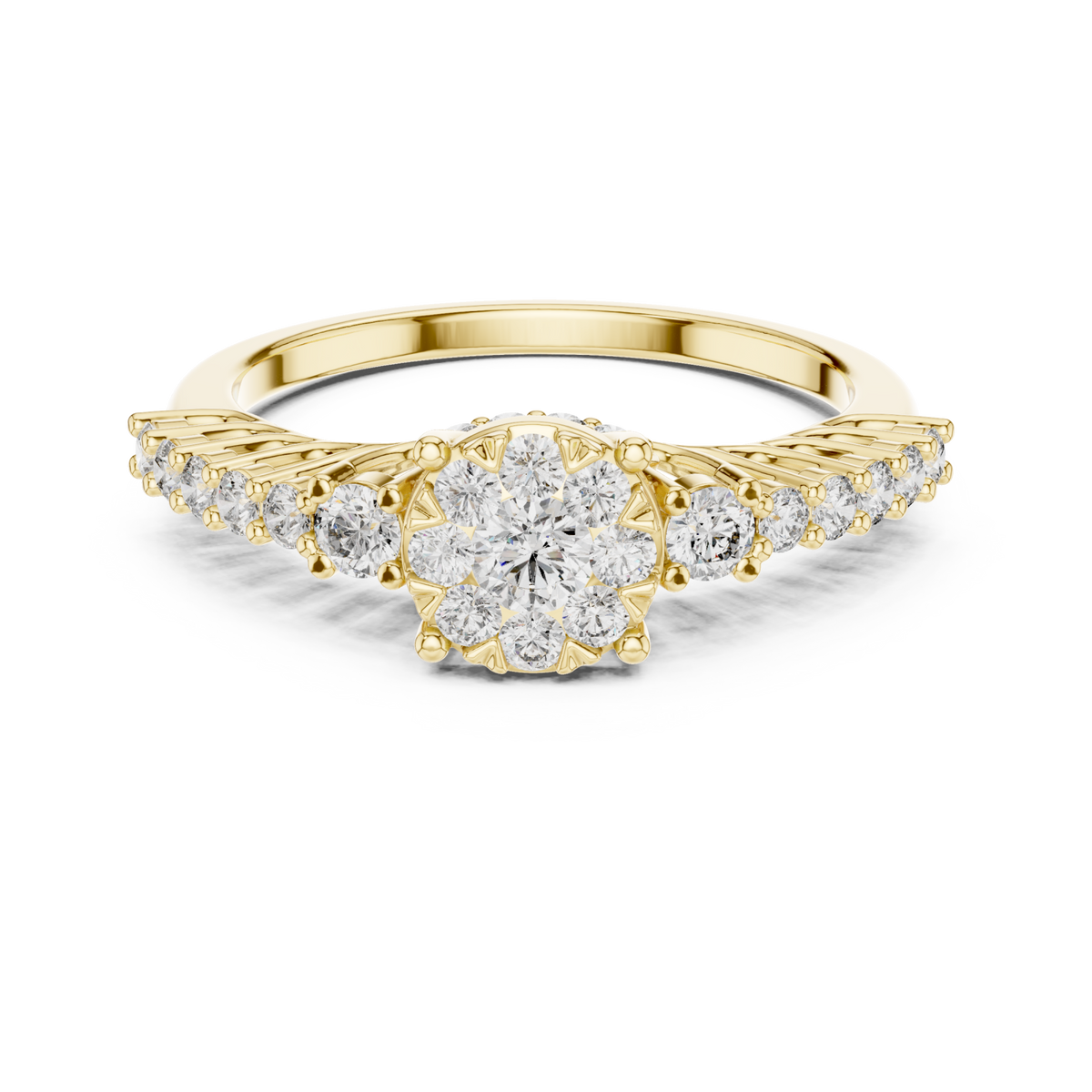Graduated diamond cluster crown ring yellow gold detail view