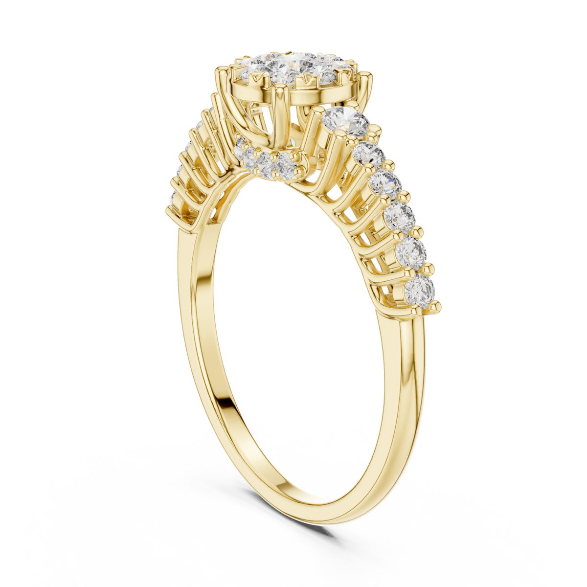 Graduated diamond cluster crown ring yellow gold side view