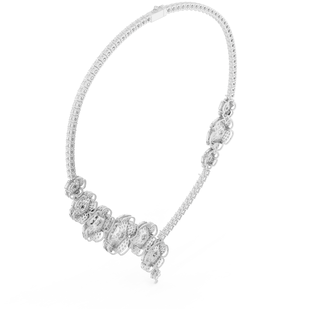 Graduated floral cluster necklace white gold angle view