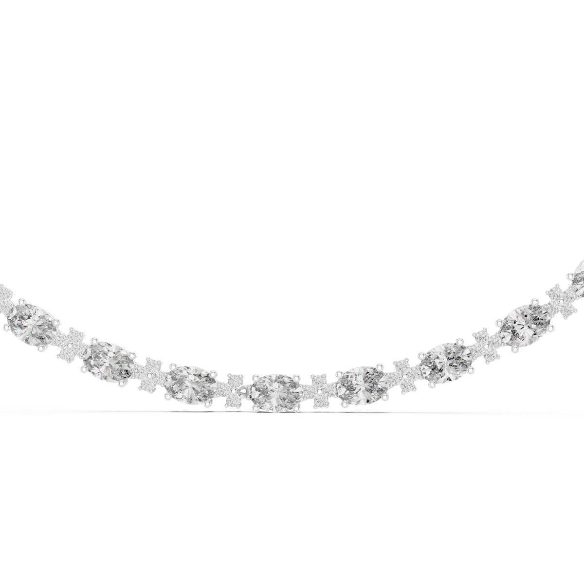 Graduated oval and round diamond necklace white gold detail view