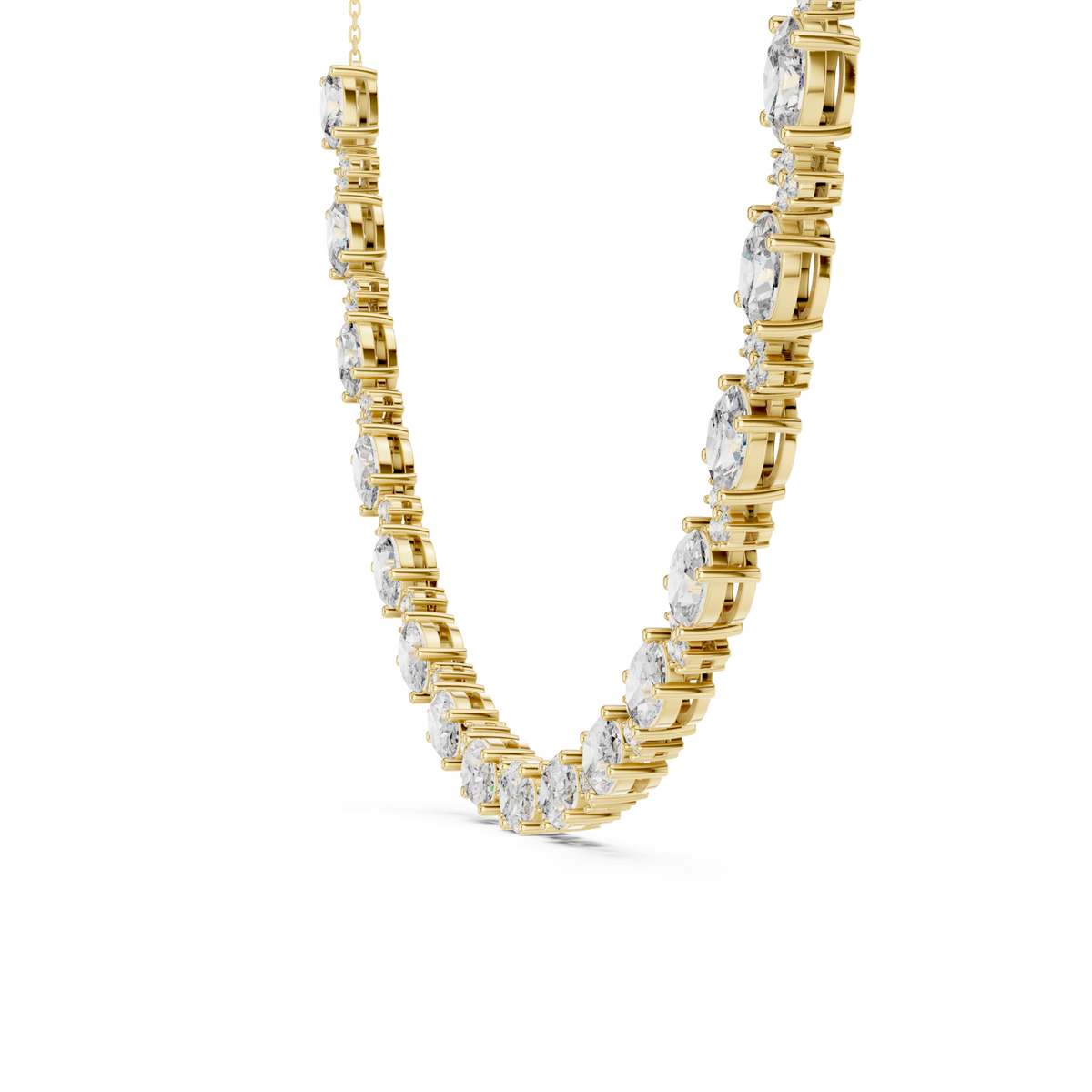 Graduated oval and round diamond necklace yellow gold side view