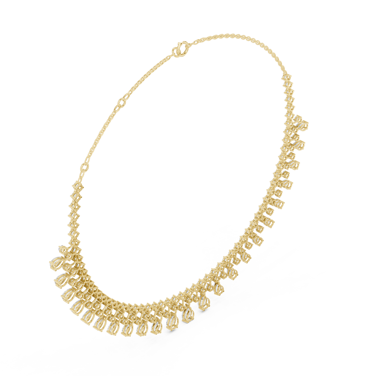 Graduated pear fringe bib necklace yellow gold angle view