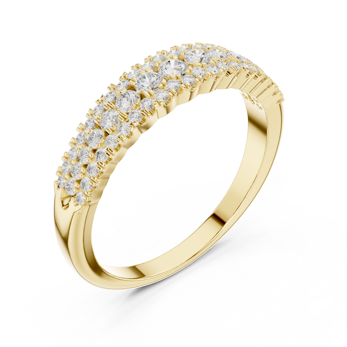 Graduated round pave half eternity band yellow gold front view