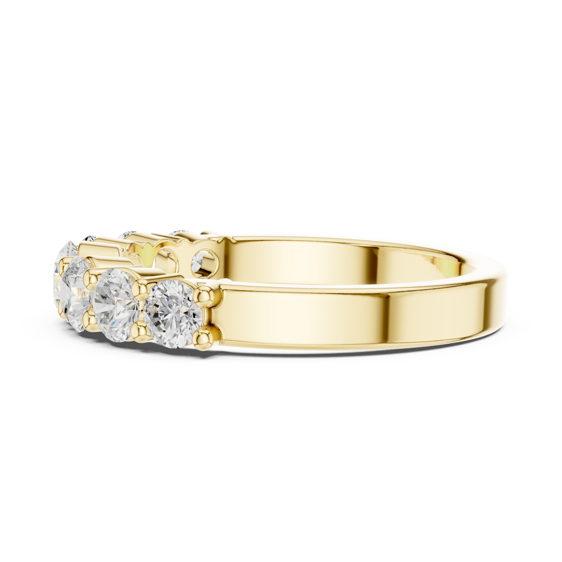 Graduated round seven-stone shared-prong band yellow gold front view