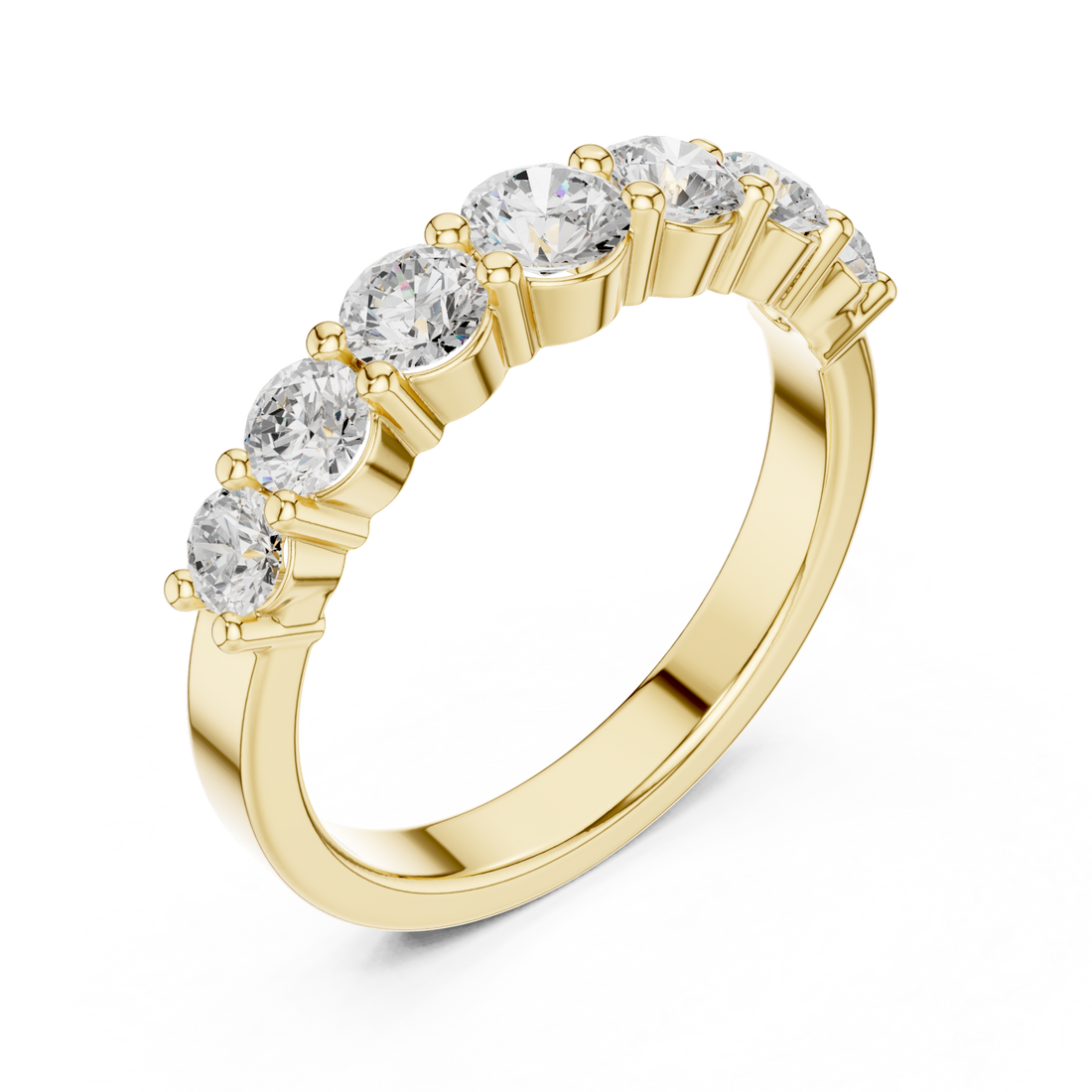 Graduated round seven-stone shared-prong band yellow gold front view