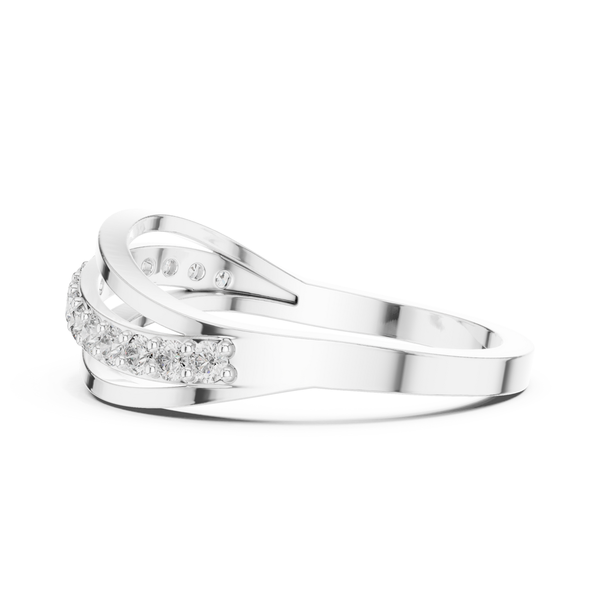 Half pave overlap wave ring white gold angle view
