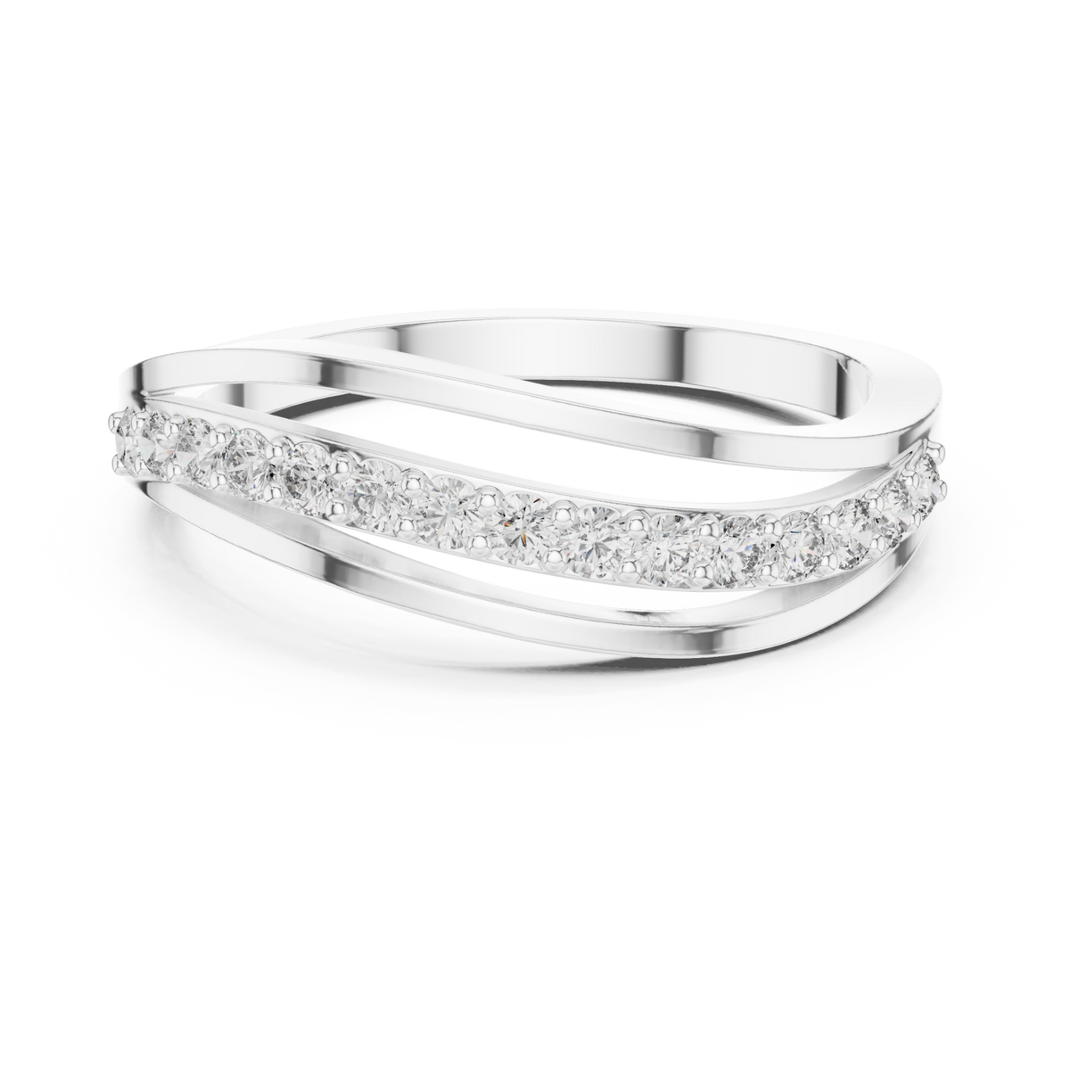 Half pave overlap wave ring white gold detail view