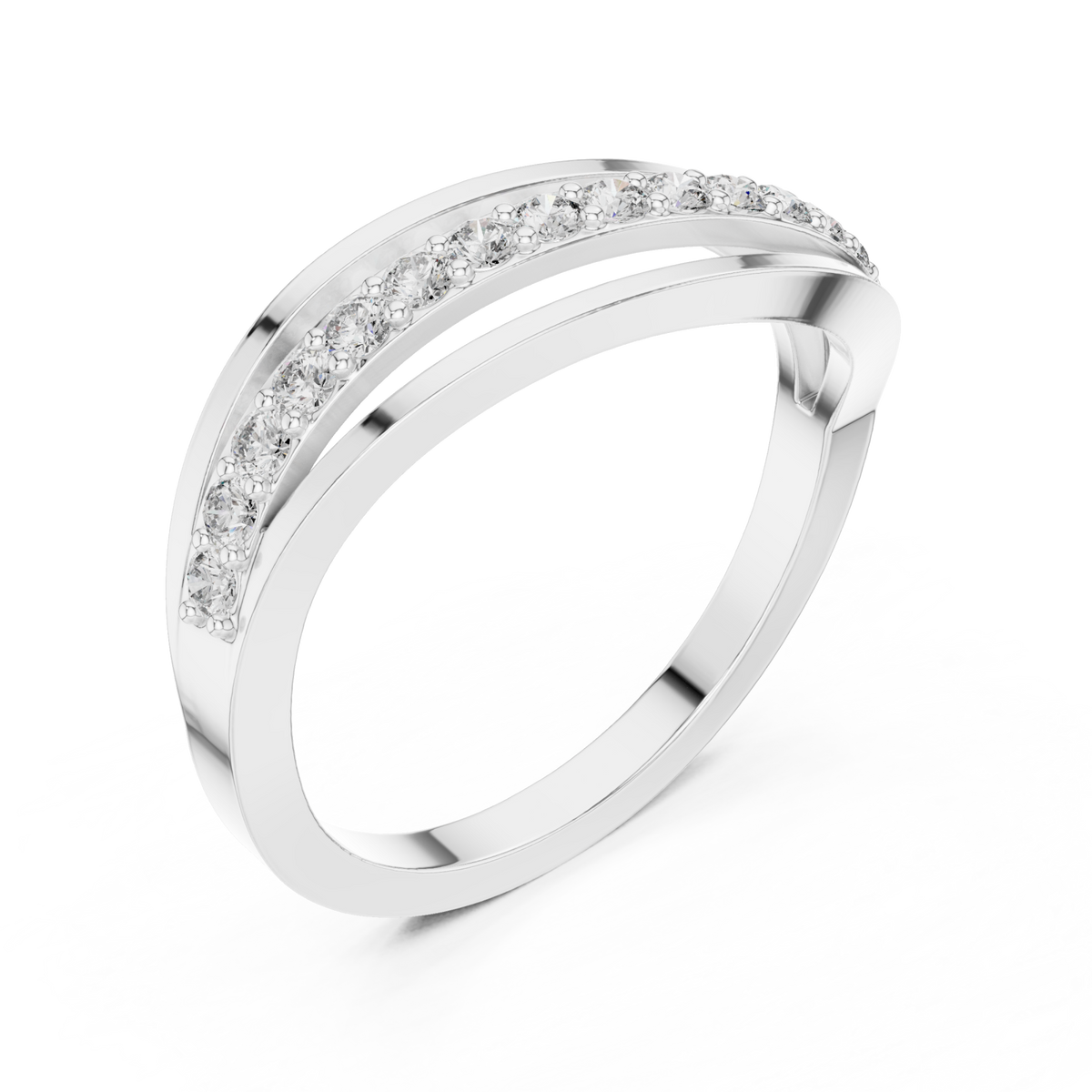 Half pave overlap wave ring white gold front view