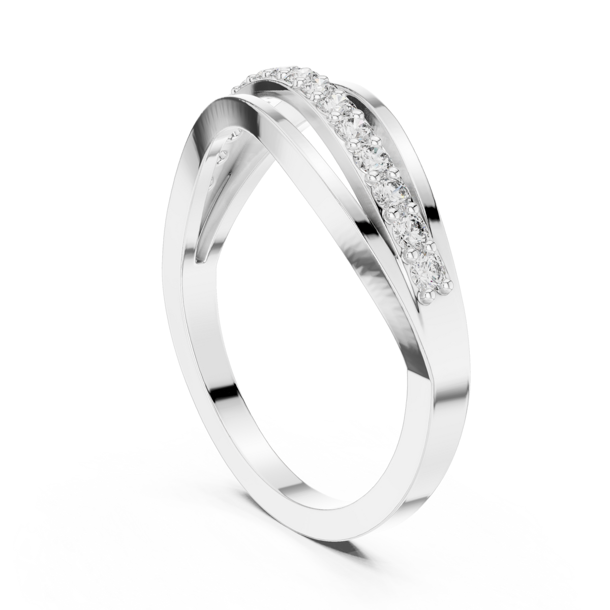 Half pave overlap wave ring white gold side view