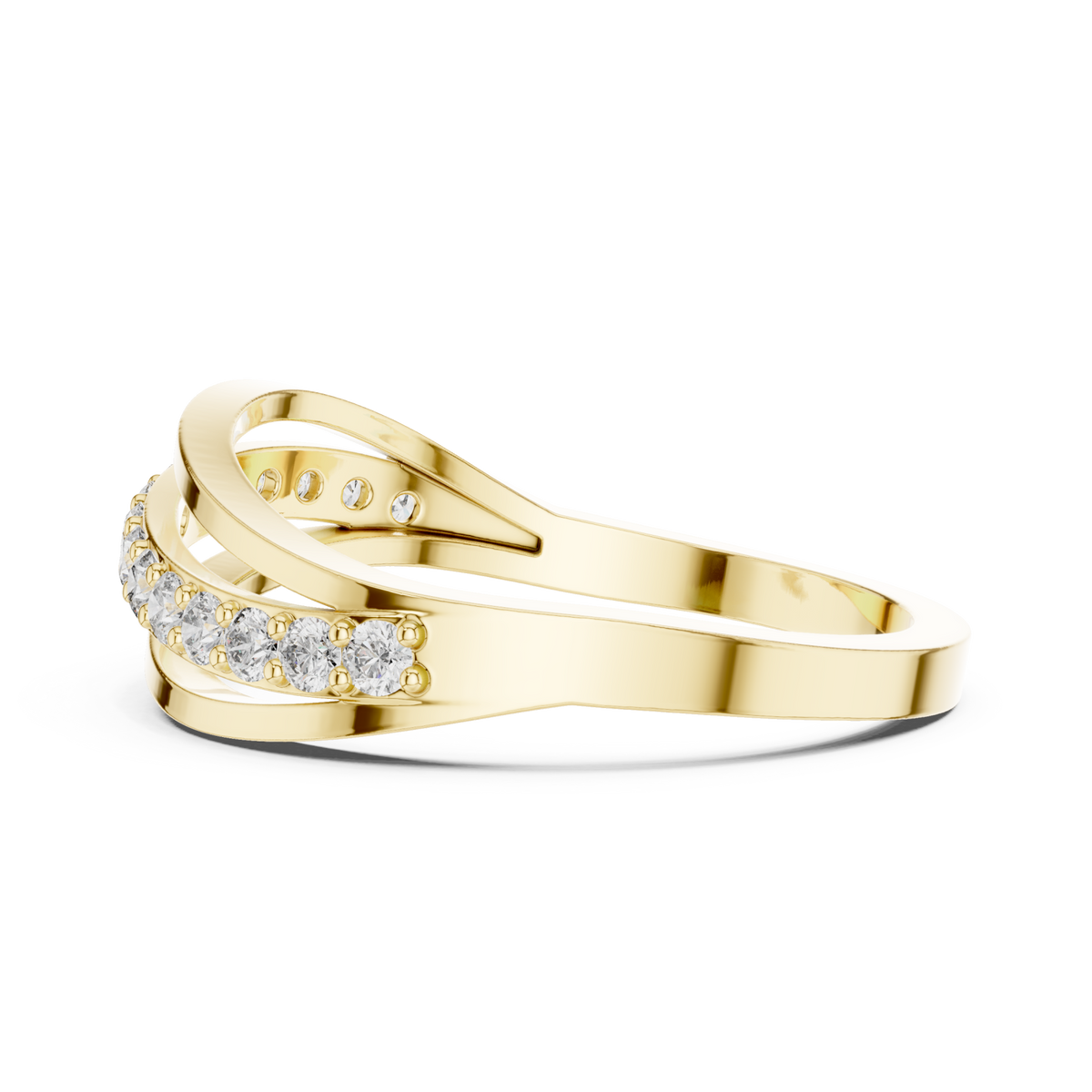 Half pave overlap wave ring yellow gold angle view
