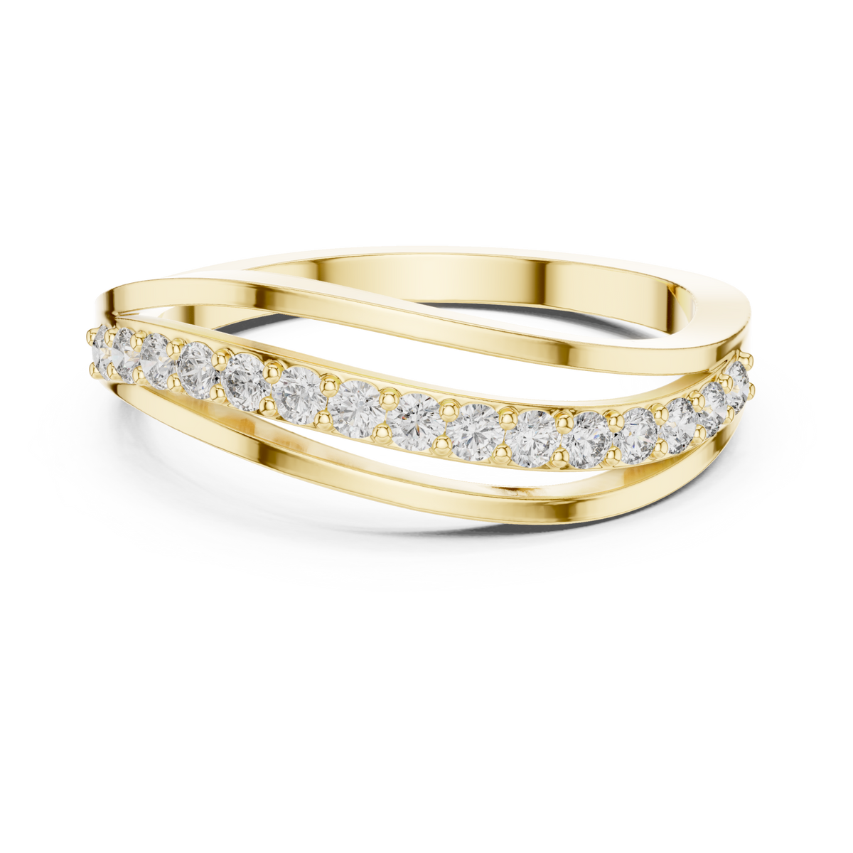 Half pave overlap wave ring yellow gold detail view
