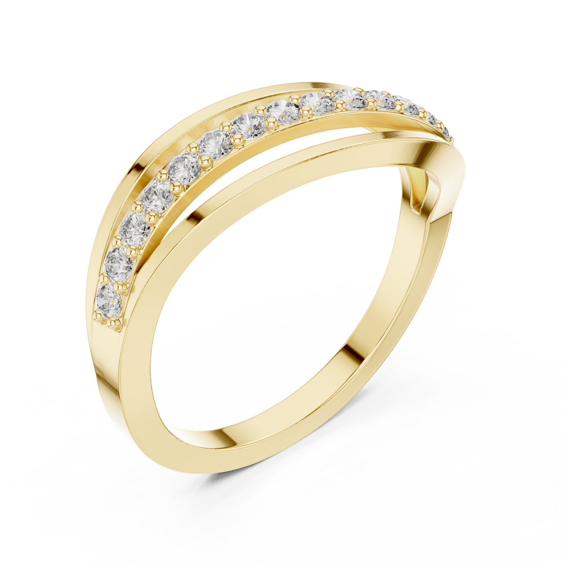 Half pave overlap wave ring yellow gold front view