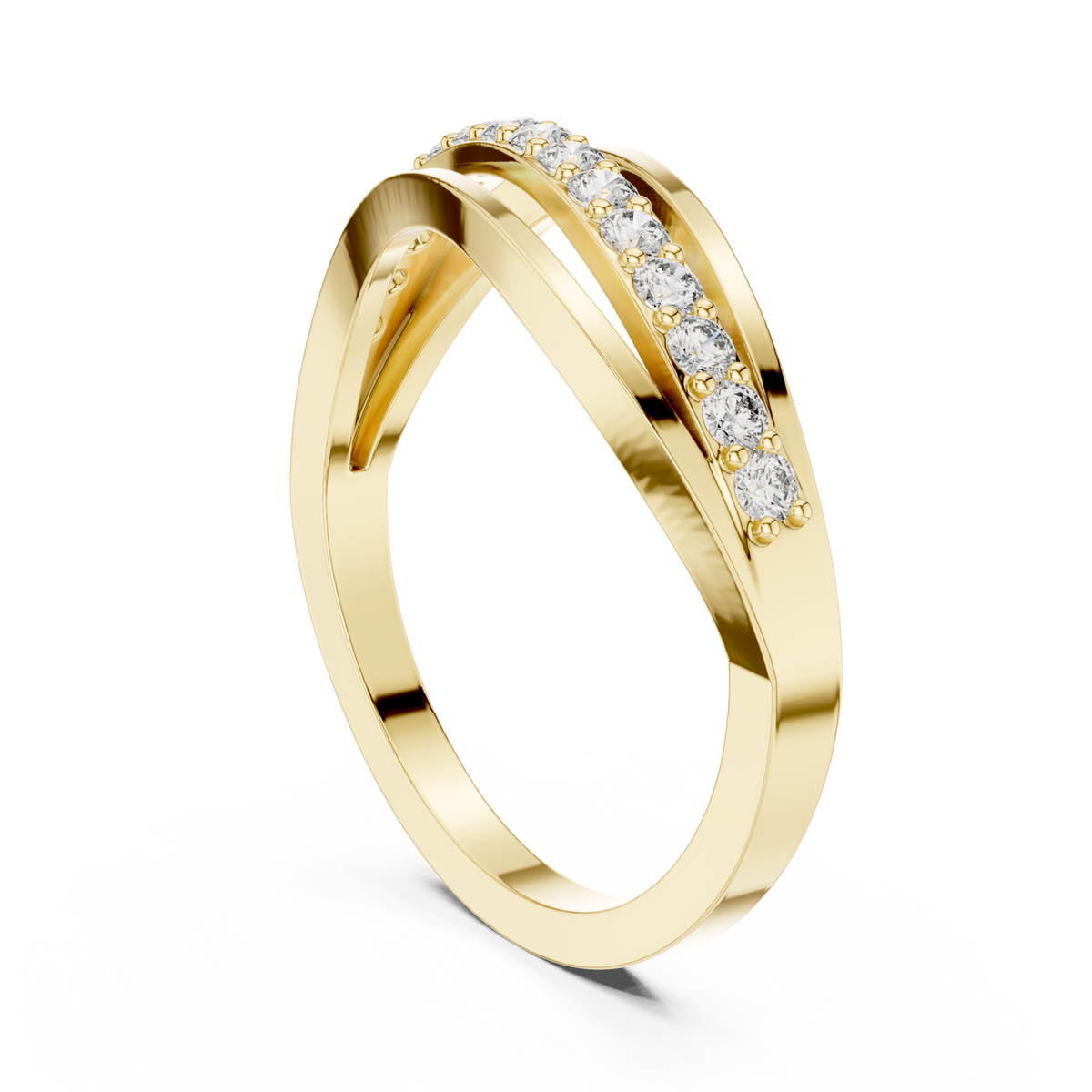 Half pave overlap wave ring yellow gold side view