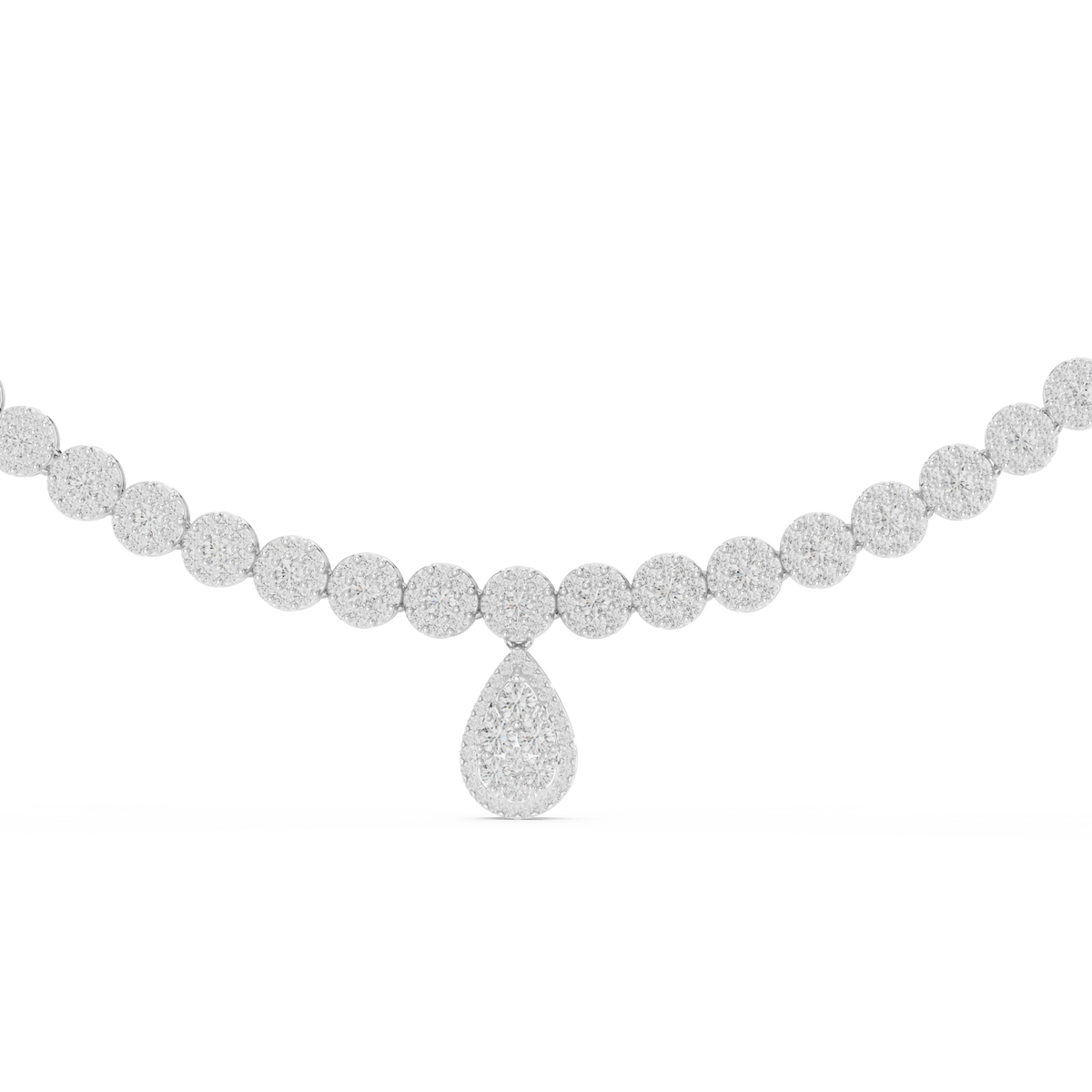 Halo cluster necklace with pear drop white gold detail view