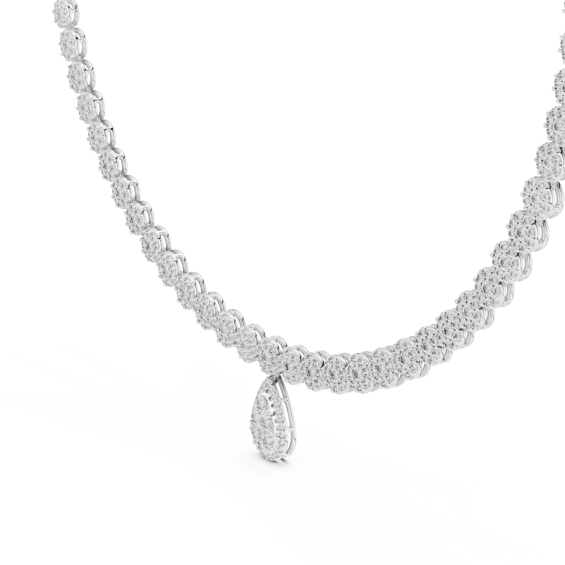 Halo cluster necklace with pear drop white gold front view
