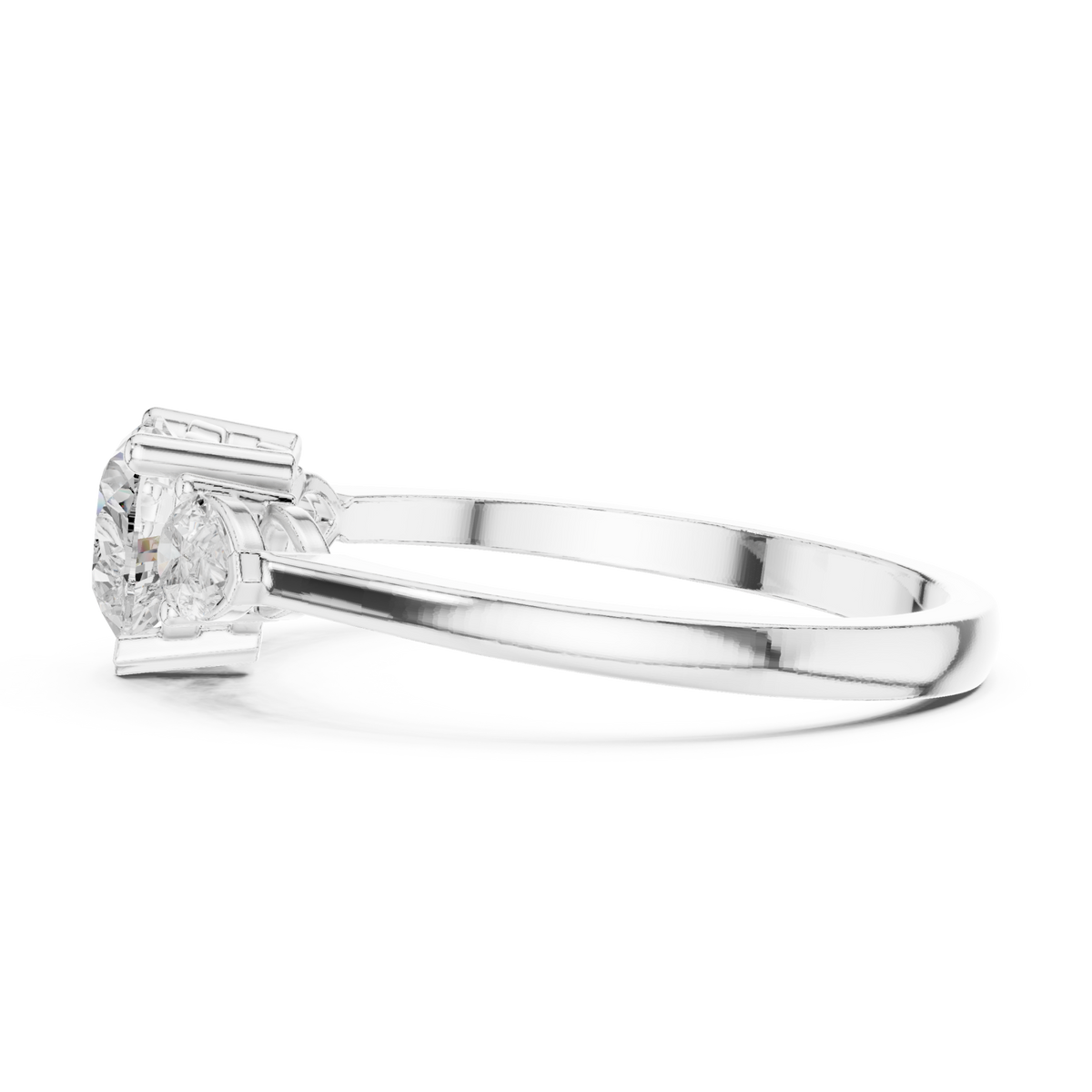 Heart and pear three-stone ring white gold angle view