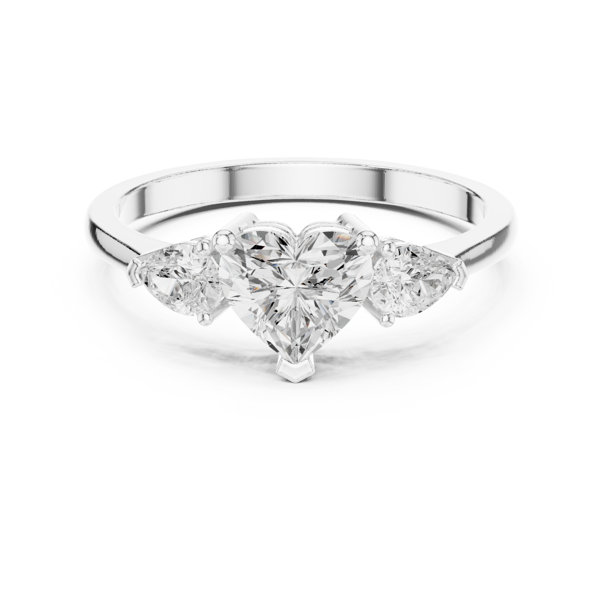 Heart and pear three-stone ring white gold detail view