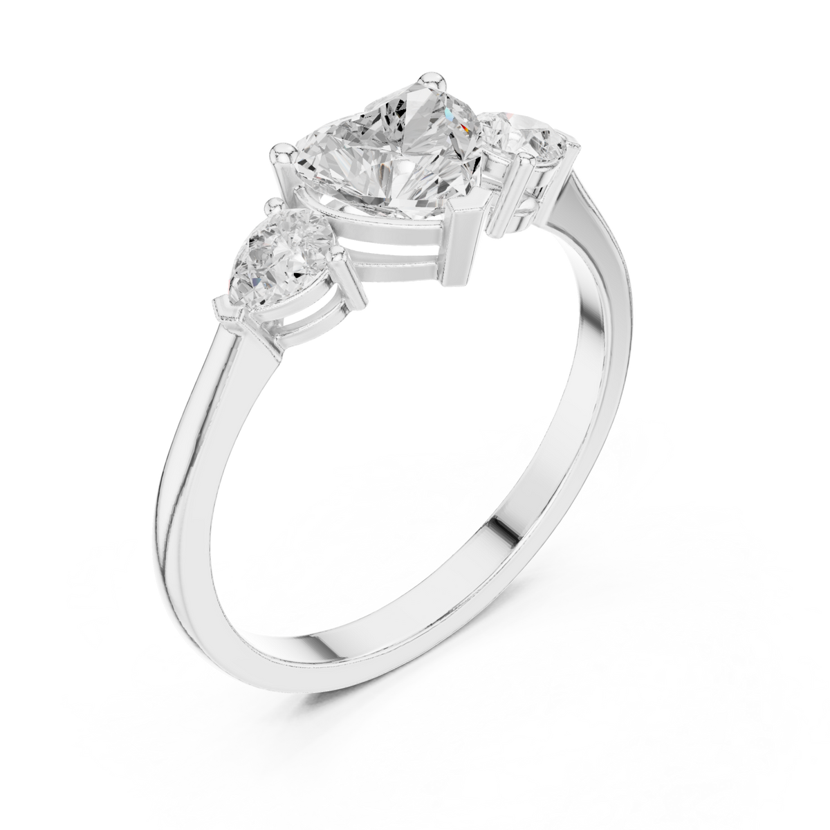 Heart and pear three-stone ring white gold front view