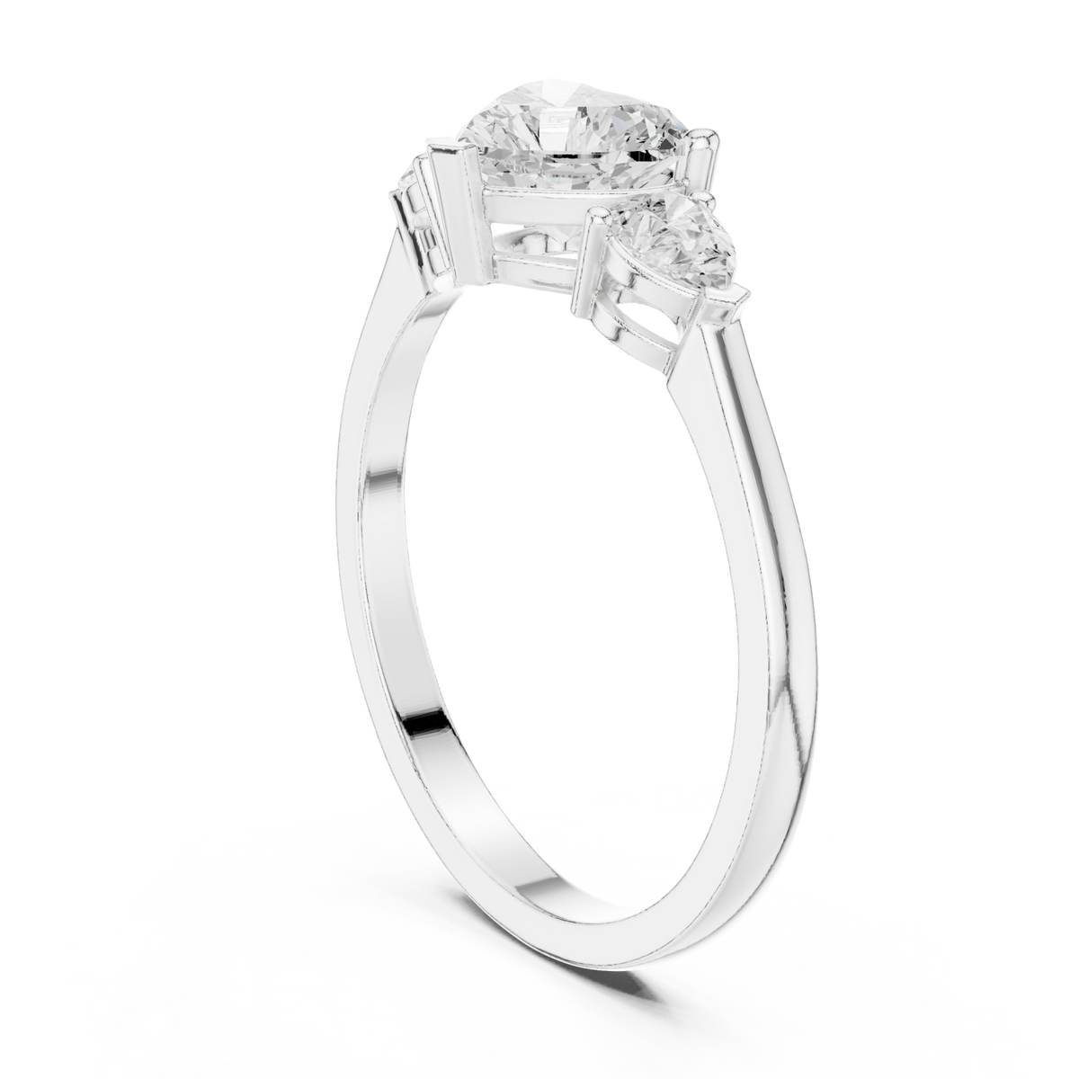 Heart and pear three-stone ring white gold side view