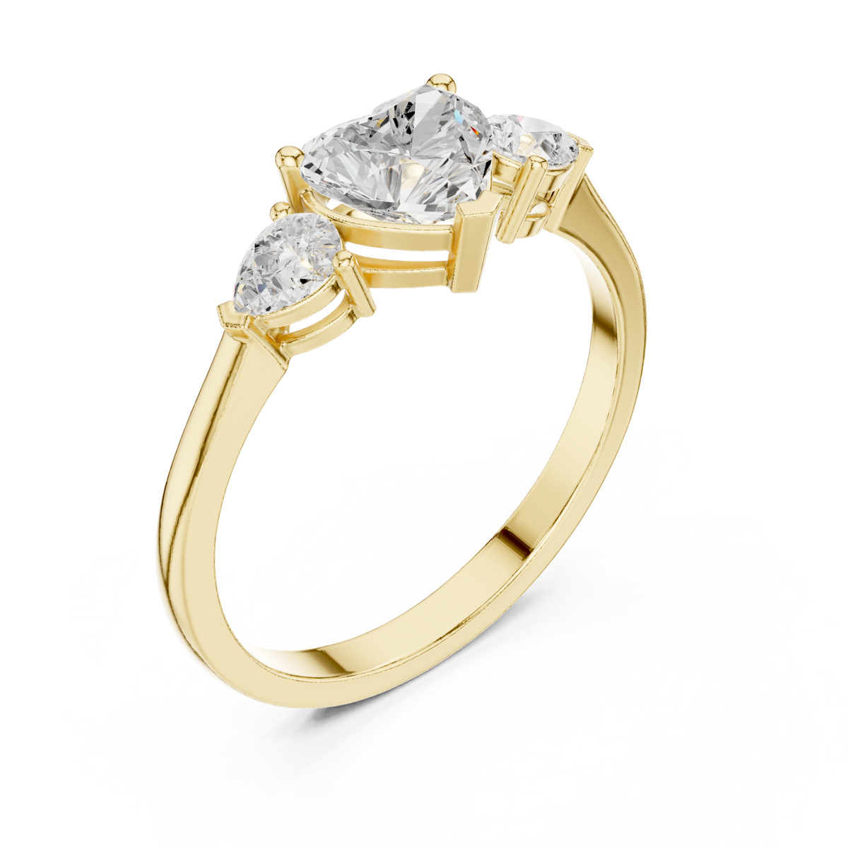 Heart and pear three-stone ring yellow gold front view