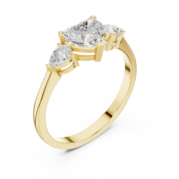 Heart and pear three-stone ring yellow gold front view
