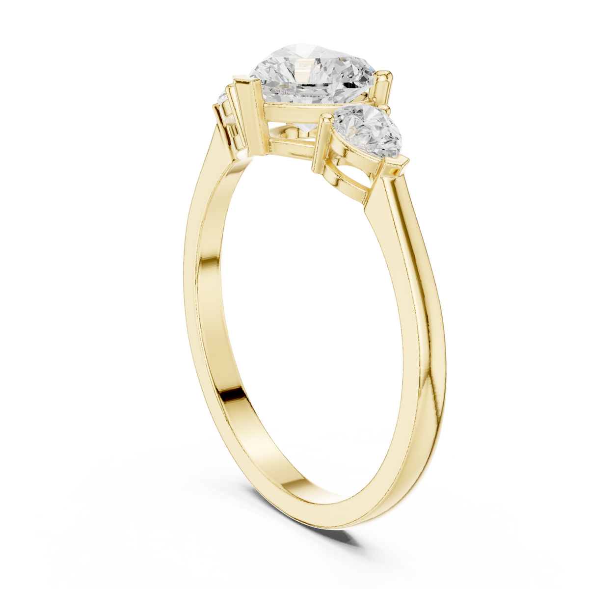 Heart and pear three-stone ring yellow gold side view
