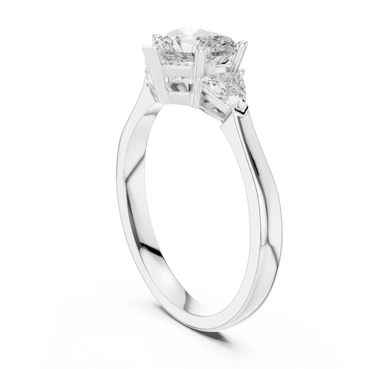 Heart and trillion three stone ring white gold side view