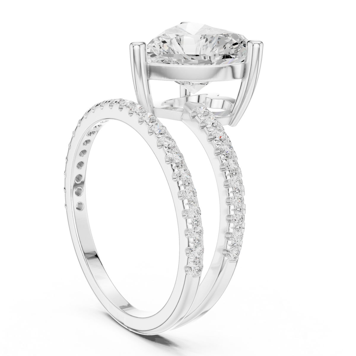 Heart asymmetric crossover pave ring white gold front view