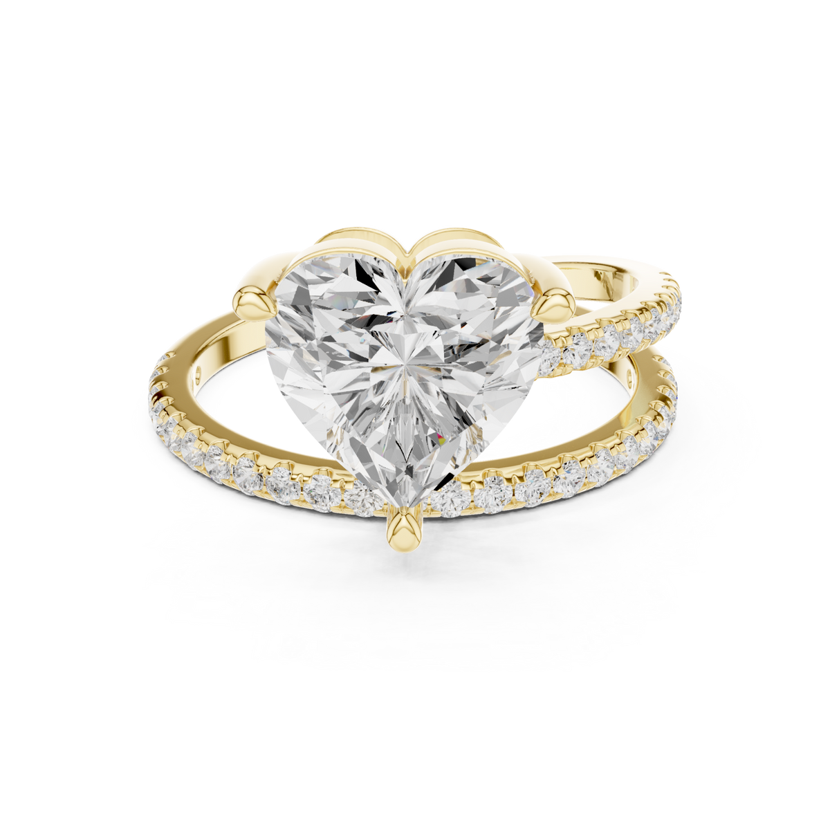 Heart asymmetric crossover pave ring yellow gold detail view
