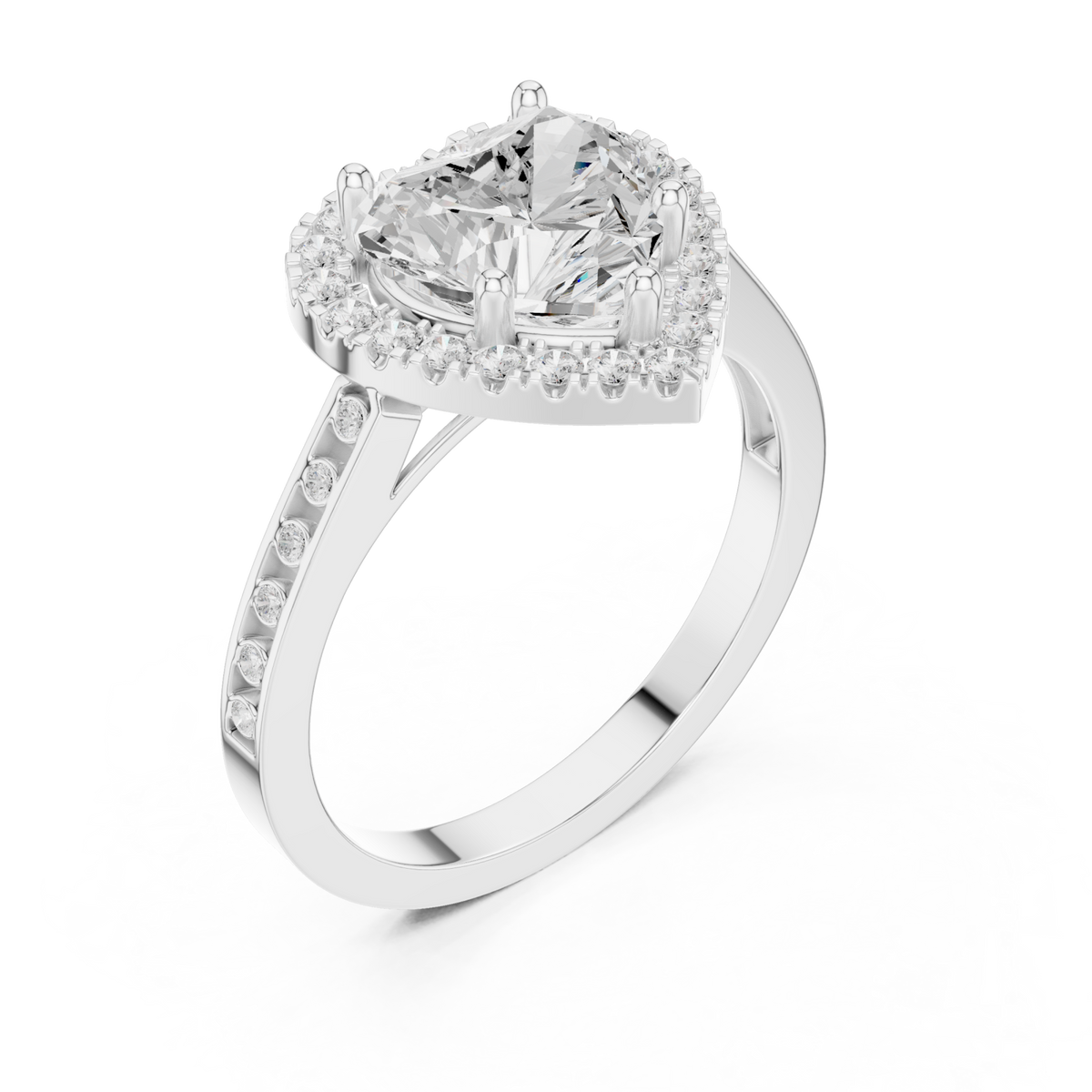 Heart channel band halo engagement ring white gold angle view