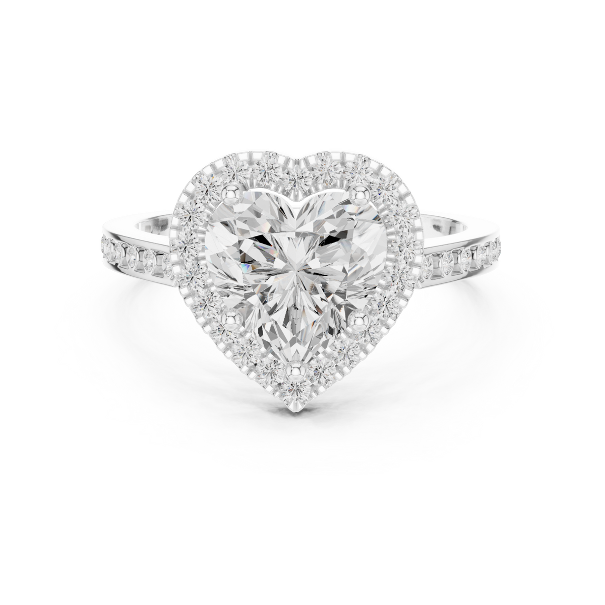 Heart channel band halo engagement ring white gold detail view